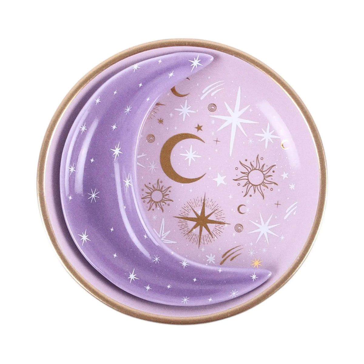 Set de dos platos joyeros apilables en forma de círculo y luna con motivos celestiales en tonos blancos y dorados vista desde arriba sobre fondo blanco.