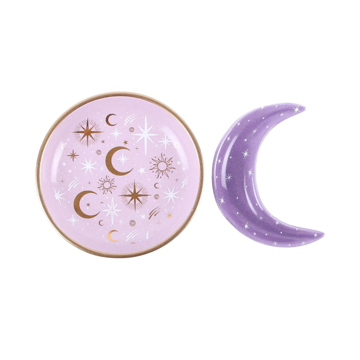 Set de dos platos joyeros apilables en forma de círculo y luna con motivos celestiales en tonos blancos y dorados vista desde arriba con platos separados sobre fondo blanco.
