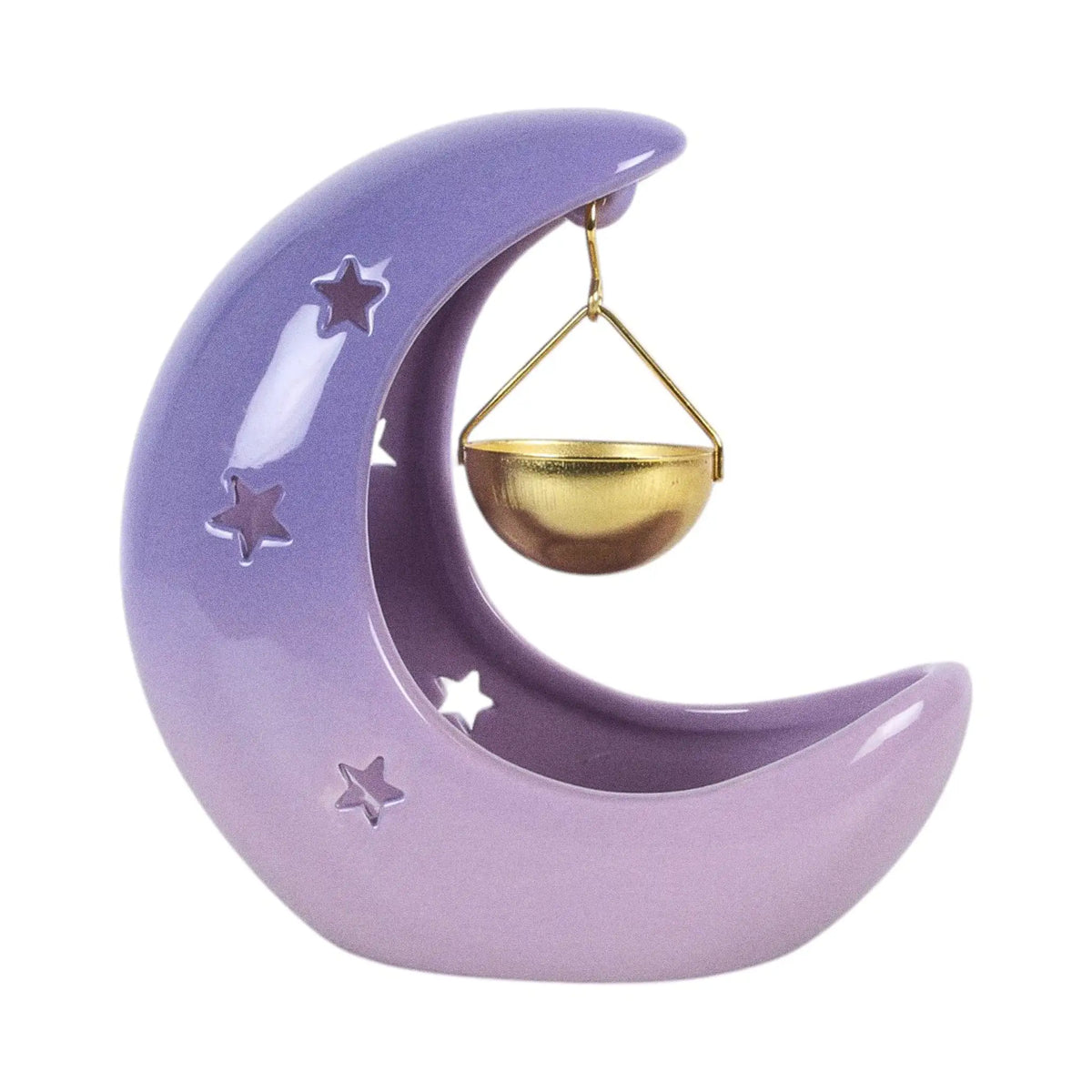 Quemador de aceites esenciales en forma de luna creciente con colores violetas degradados y recipiente colgante para aceite en color dorado vista frontal sobre fondo blanco.