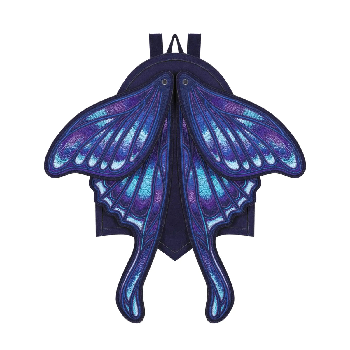 Mochila con alas bordadas en forma de polilla con capacidad de cambiar de posición en tonos azules y violetas estilo whimsigoth y fairycore modelo Sapphire Moth de Restyle vista frontal