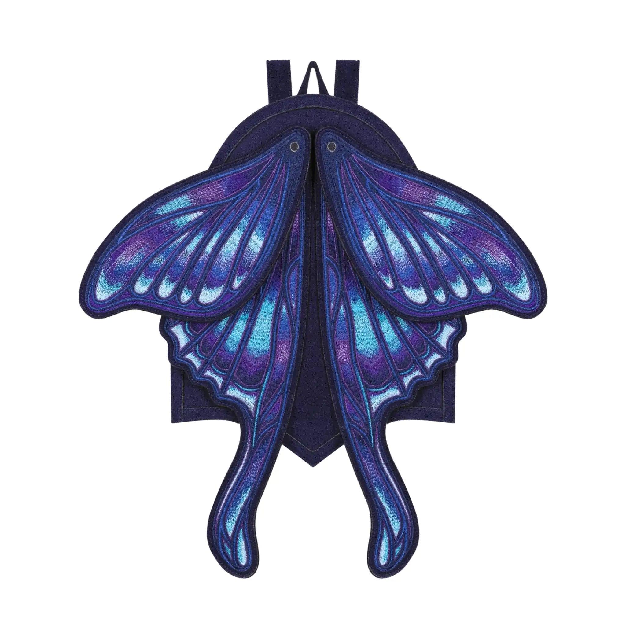 Mochila con alas bordadas en forma de polilla con capacidad de cambiar de posición en tonos azules y violetas estilo whimsigoth y fairycore modelo Sapphire Moth de Restyle vista frontal