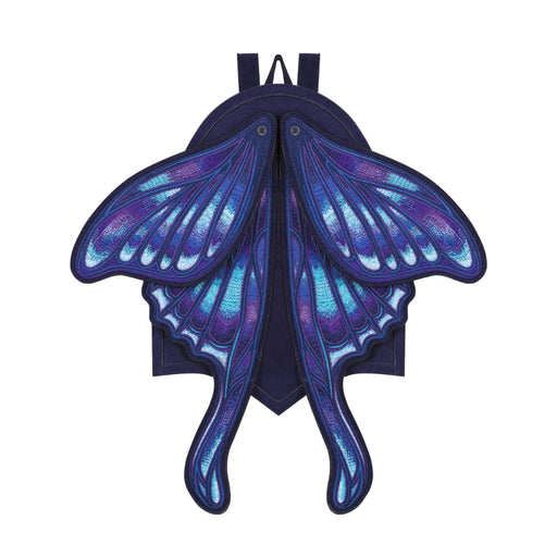 Mochila con alas bordadas en forma de polilla con capacidad de cambiar de posición en tonos azules y violetas estilo whimsigoth y fairycore modelo Sapphire Moth de Restyle vista frontal