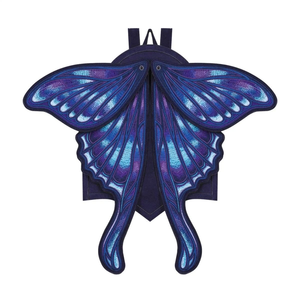 Mochila con alas bordadas en forma de polilla con capacidad de cambiar de posición en tonos azules y violetas estilo whimsigoth y fairycore modelo Sapphire Moth de Restyle vista frontal con alas abiertas