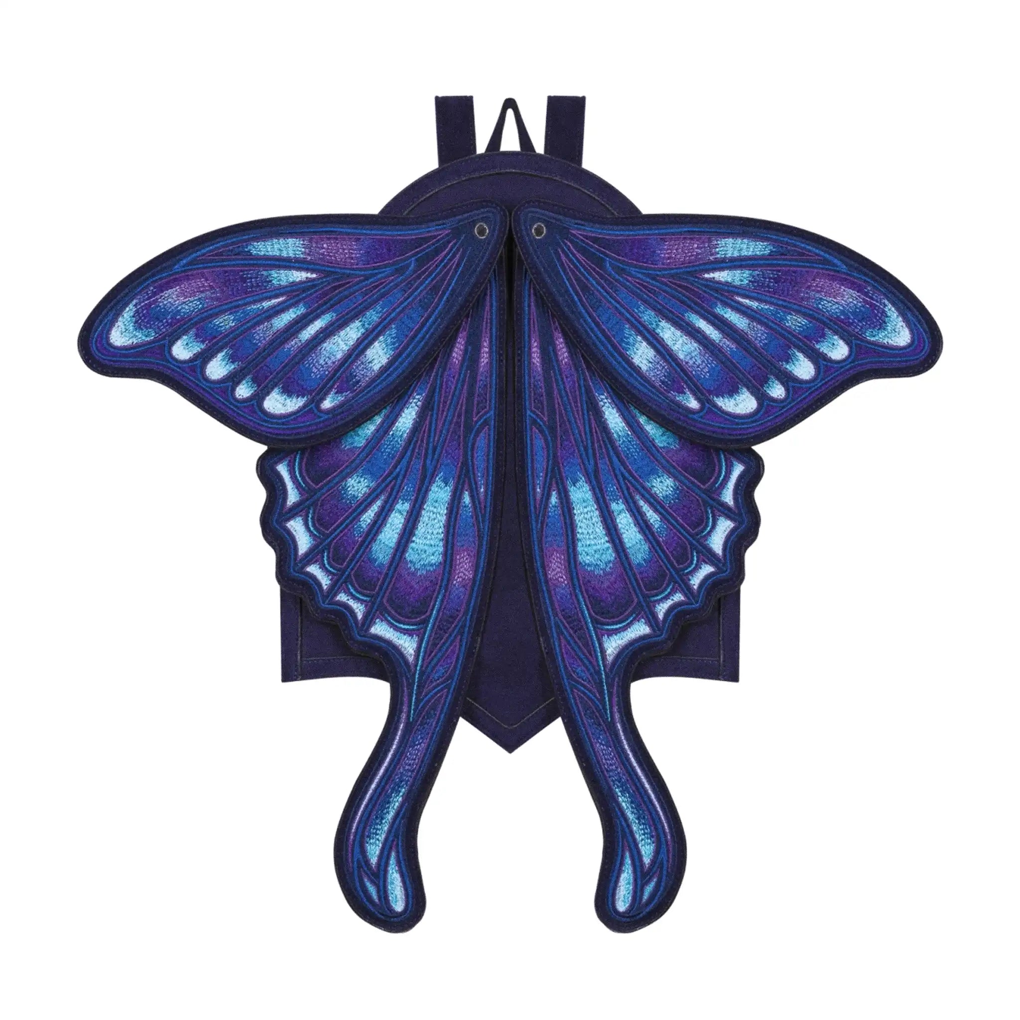 Mochila con alas bordadas en forma de polilla con capacidad de cambiar de posición en tonos azules y violetas estilo whimsigoth y fairycore modelo Sapphire Moth de Restyle vista frontal con alas abiertas