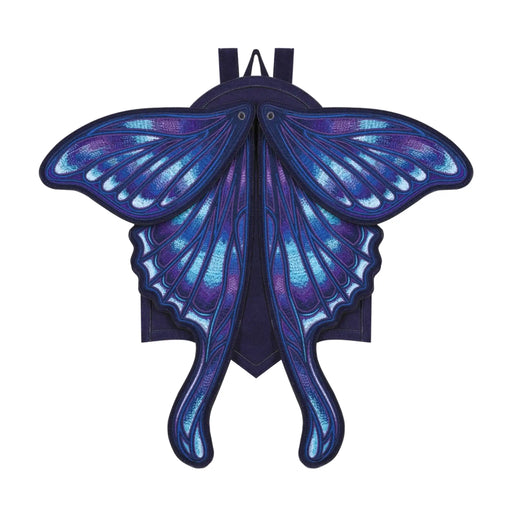 Mochila con alas bordadas en forma de polilla con capacidad de cambiar de posición en tonos azules y violetas estilo whimsigoth y fairycore modelo Sapphire Moth de Restyle vista frontal con alas abiertas