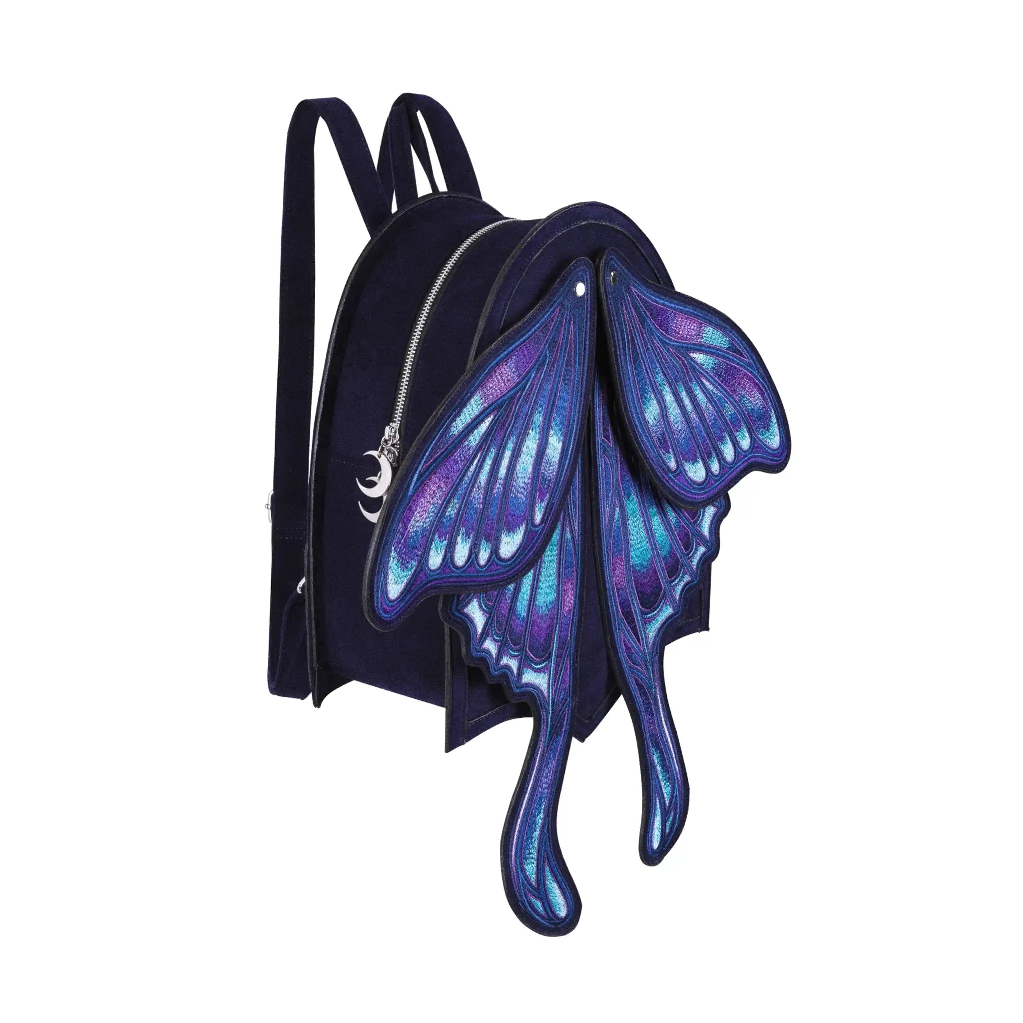 Mochila con alas bordadas en forma de polilla con capacidad de cambiar de posición en tonos azules y violetas estilo whimsigoth y fairycore modelo Sapphire Moth de Restyle vista en ángulo 