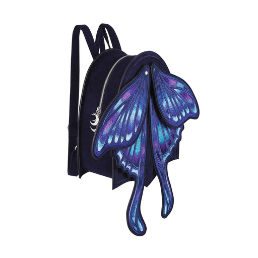 Mochila con alas bordadas en forma de polilla con capacidad de cambiar de posición en tonos azules y violetas estilo whimsigoth y fairycore modelo Sapphire Moth de Restyle vista en ángulo 