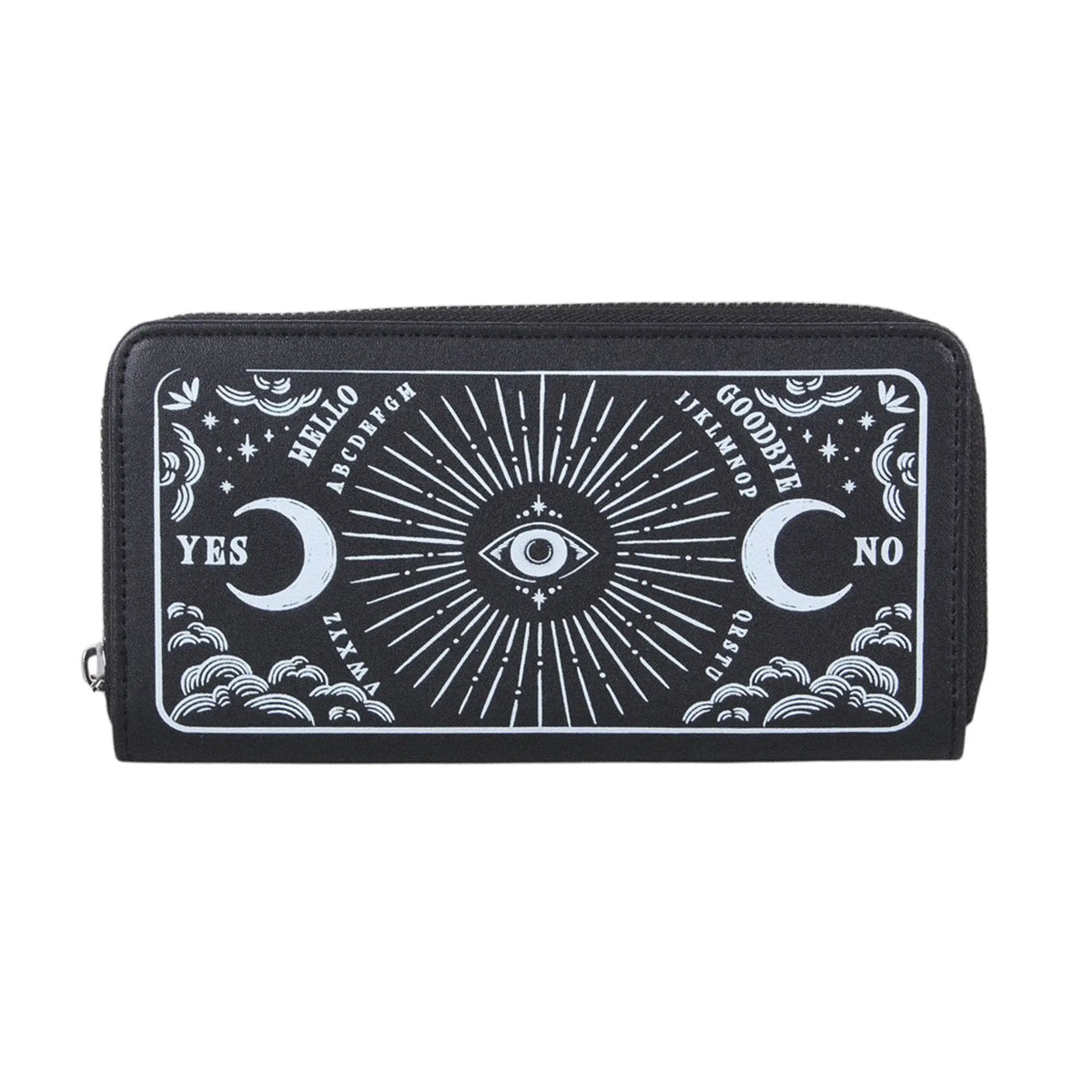 Cartera de cremallera con estampado frontal inspirado en la ouija estilo gótico y witchy vista frontal sobre fondo blanco. 