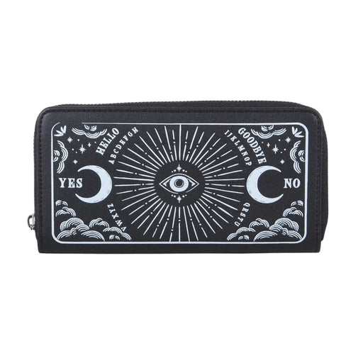 Cartera de cremallera con estampado frontal inspirado en la ouija estilo gótico y witchy vista frontal sobre fondo blanco. 