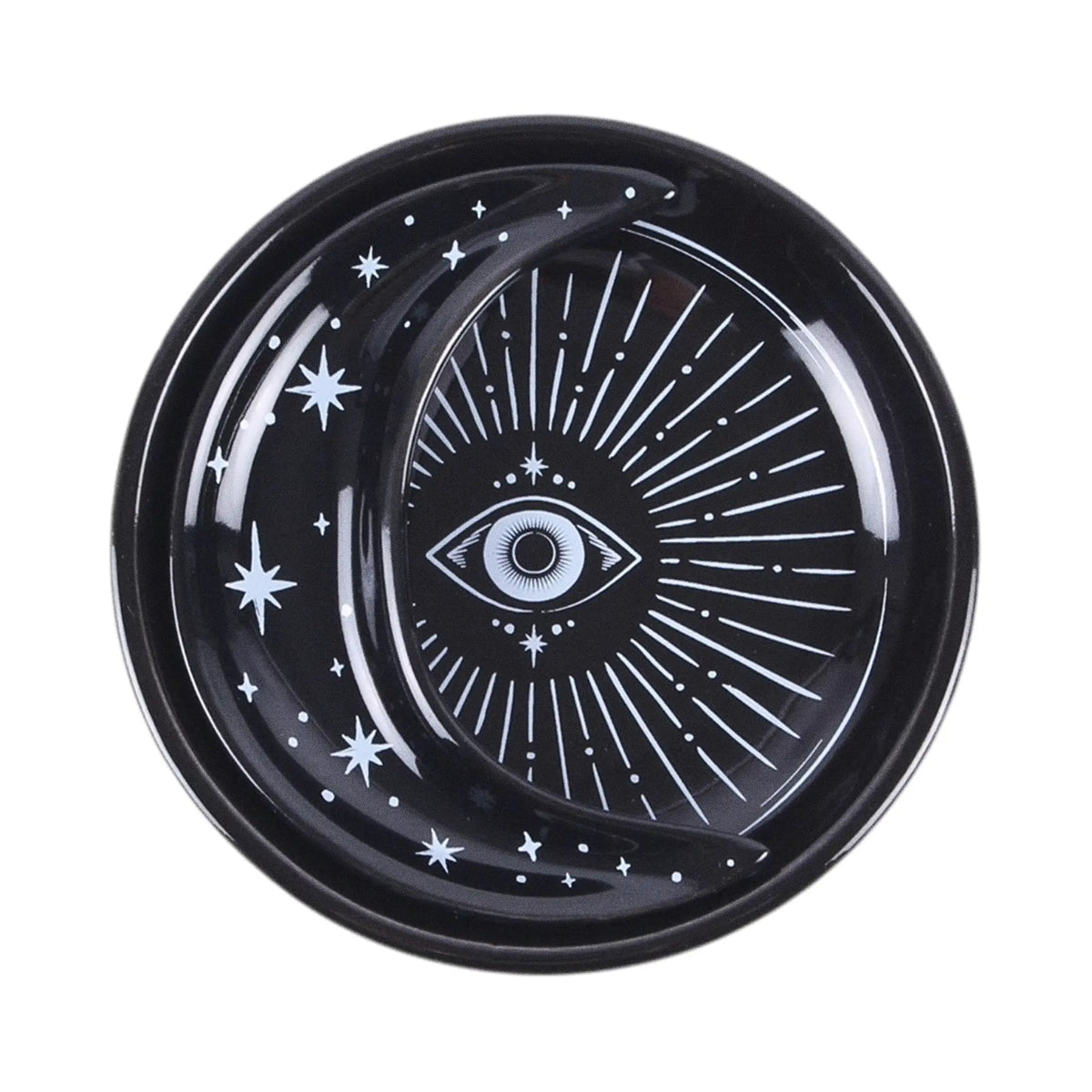 Bandejas apilables en negro con diseño en blanco de ojo que todo lo ve y motivos celestiales estilo witchy vista desde arriba sobre fondo blanco.