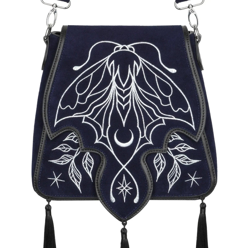 Bolso Stardust Tassel terciopelo azul bordados polilla lunar whimsigoth celestial