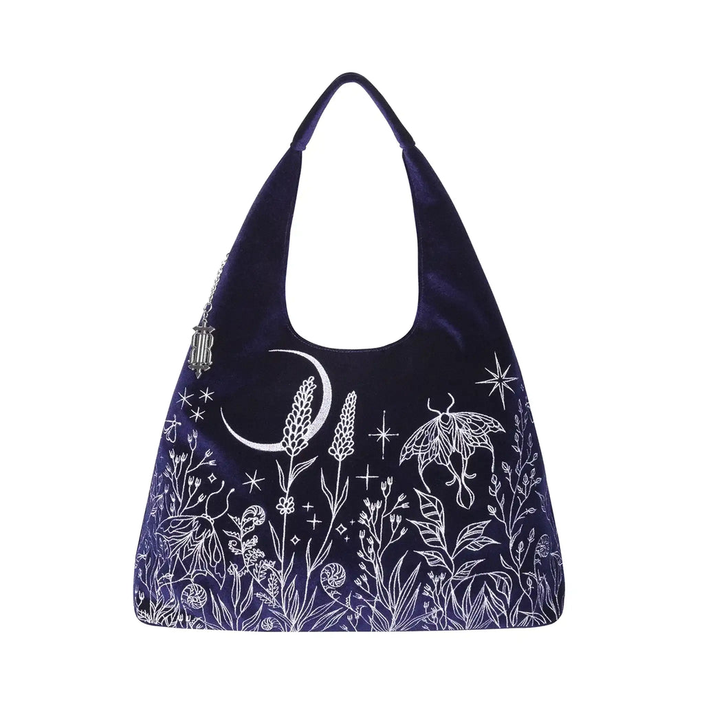 Bolso hobo en color azul medianoche con bordado en hilo plateado de luna, polilla y jardín del bosque tipo tote vista frontal