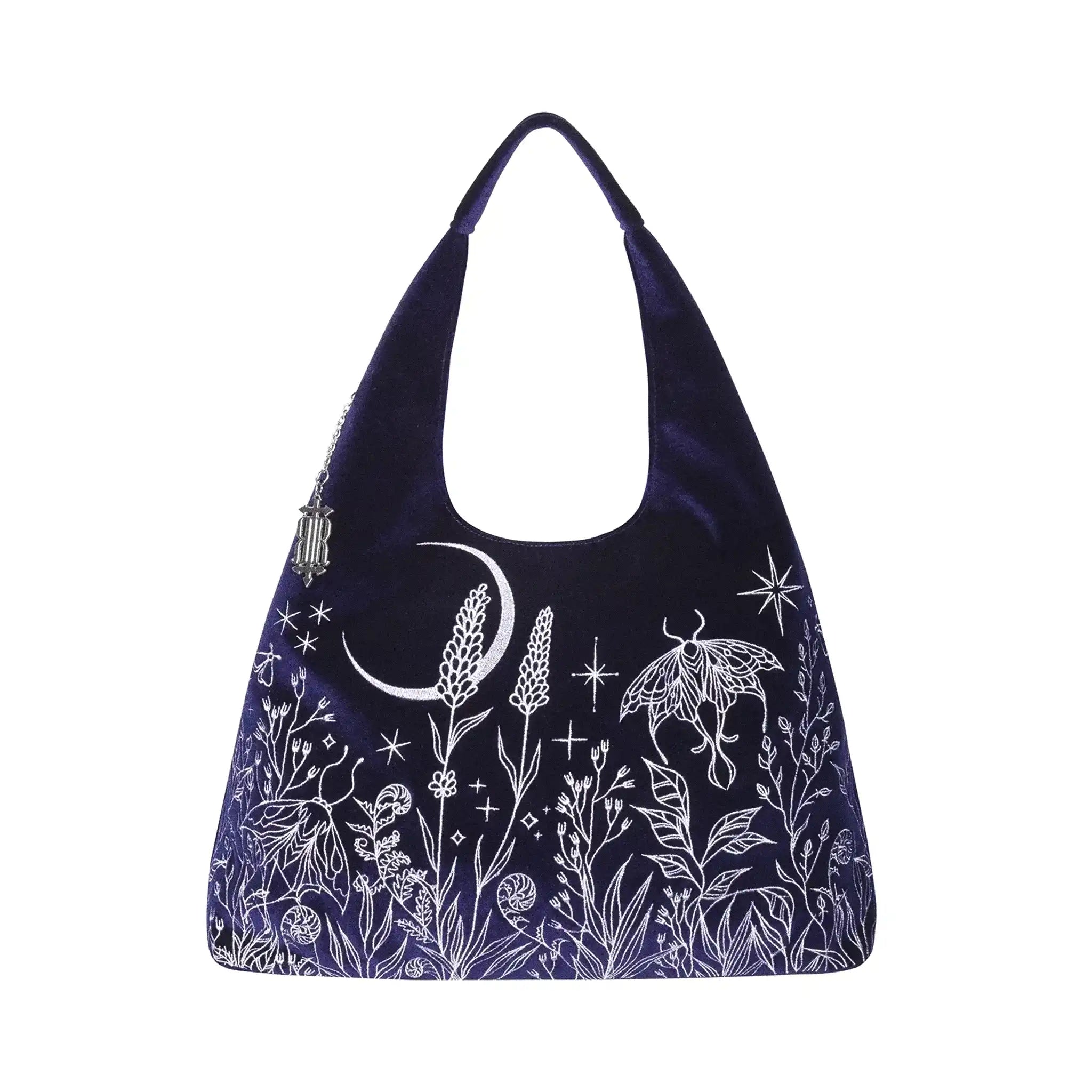 Bolso hobo en color azul medianoche con bordado en hilo plateado de luna, polilla y jardín del bosque tipo tote vista frontal