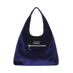 Bolso hobo en color azul medianoche con bordado en hilo plateado de luna, polilla y jardín del bosque tipo tote vista posterior