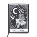 Libreta para lectoras de fantasía y romantasy con dragón, luna y chica leyendo en la portada y cinta marcapáginas en estética de carta de tarot color blanco y negro vista portada sobre fondo blanco.