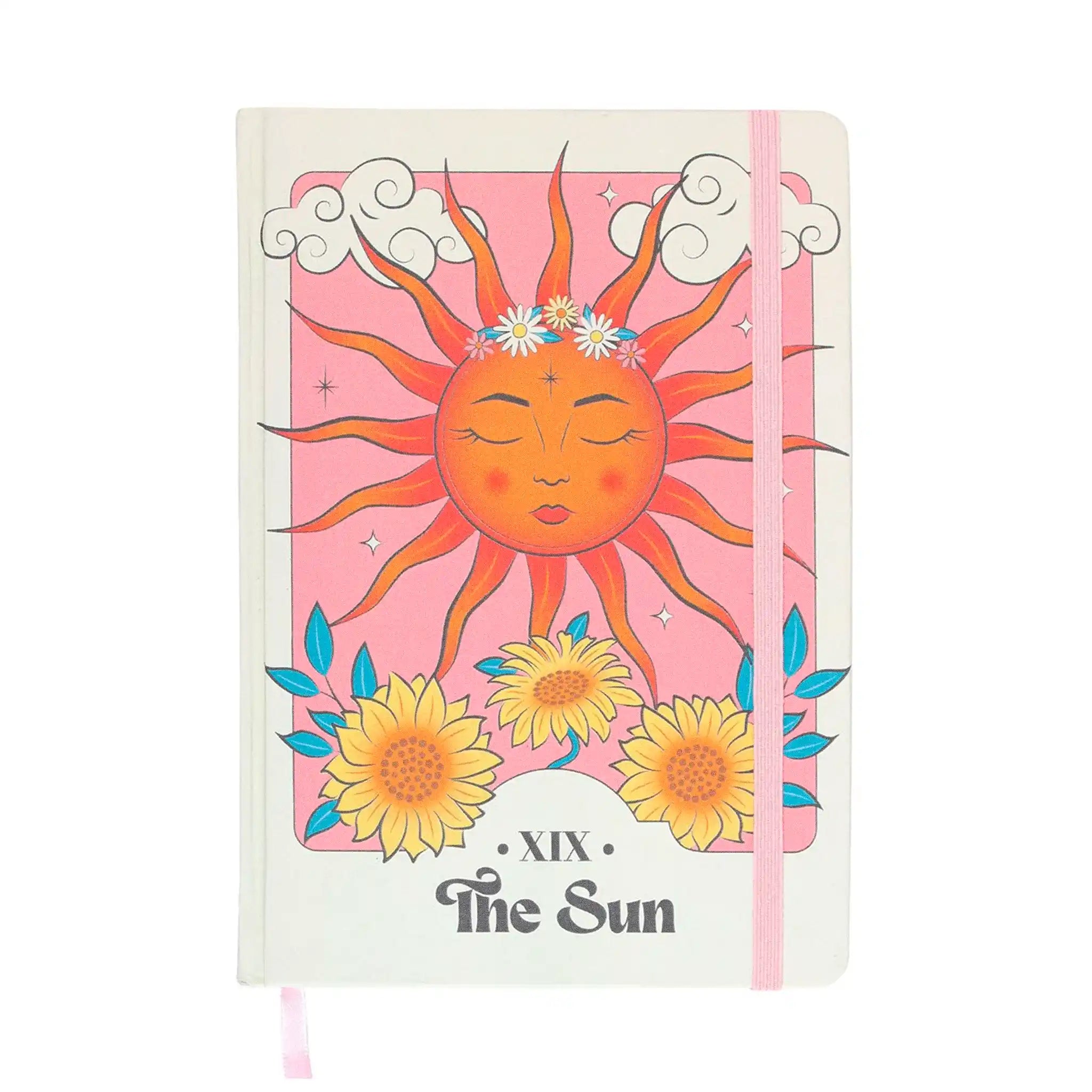 Portada de libreta a5 de tapa dura con ilustración inspirada en la carta "El Sol" del tarot.