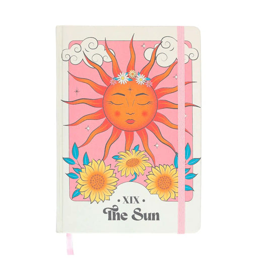 Portada de libreta a5 de tapa dura con ilustración inspirada en la carta "El Sol" del tarot.