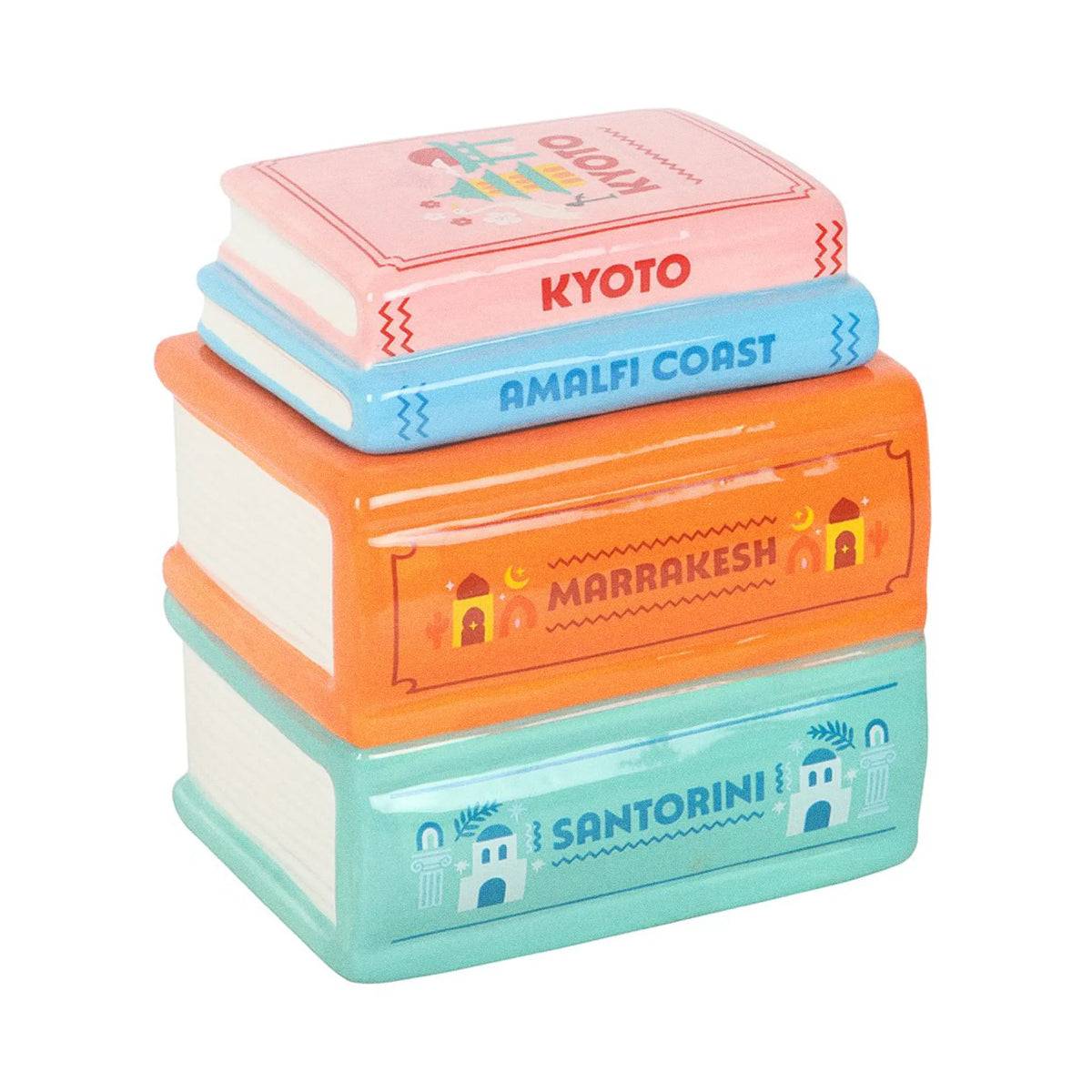 Quemador de aceites esenciales y calentador de cera en forma de libros apilados de diferentes destinos de viaje multicolor vista frontal sobre fondo blanco.