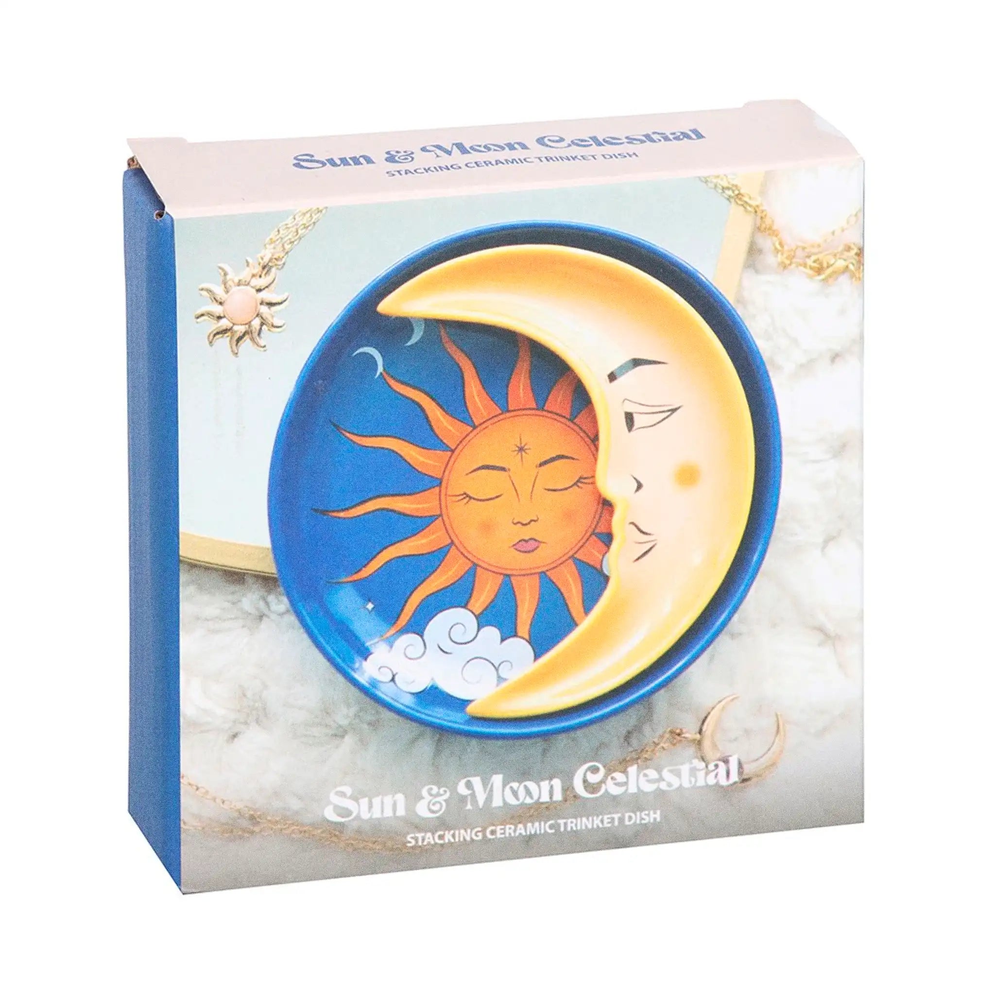 Packging de plato apilable con forma de sol y luna.