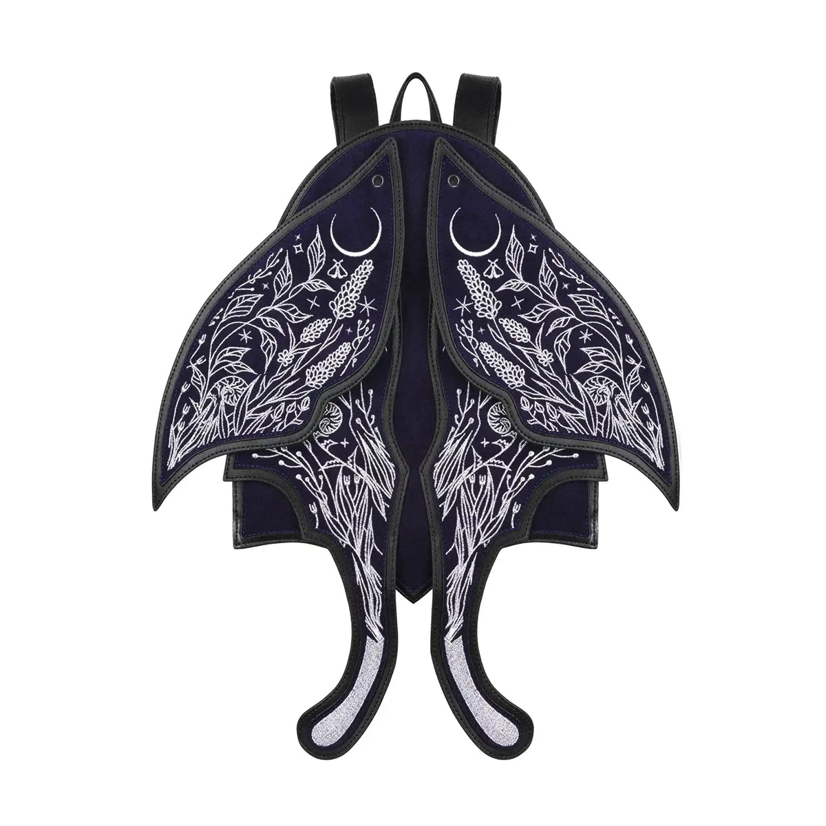 Mochila con alas móviles bordadas en plateado sobre un fondo azul medianoche con detalles contrastados en negro estética whimsigoth y fairycore modelo Umbra Noctis de Restyle vista frontal