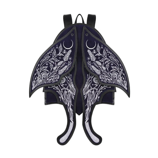 Mochila con alas móviles bordadas en plateado sobre un fondo azul medianoche con detalles contrastados en negro estética whimsigoth y fairycore modelo Umbra Noctis de Restyle vista frontal