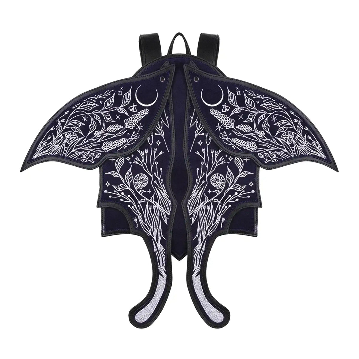 Mochila con alas móviles bordadas en plateado sobre un fondo azul medianoche con detalles contrastados en negro estética whimsigoth y fairycore modelo Umbra Noctis de Restyle vista frontal alas abiertas