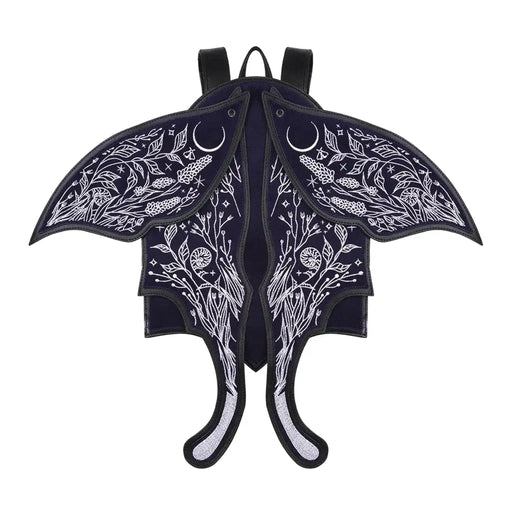 Mochila con alas móviles bordadas en plateado sobre un fondo azul medianoche con detalles contrastados en negro estética whimsigoth y fairycore modelo Umbra Noctis de Restyle vista frontal alas abiertas