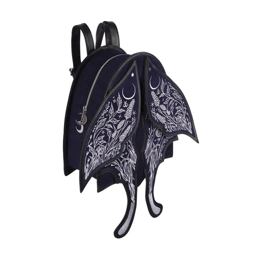 Mochila con alas móviles bordadas en plateado sobre un fondo azul medianoche con detalles contrastados en negro estética whimsigoth y fairycore modelo Umbra Noctis de Restyle vista ángulo