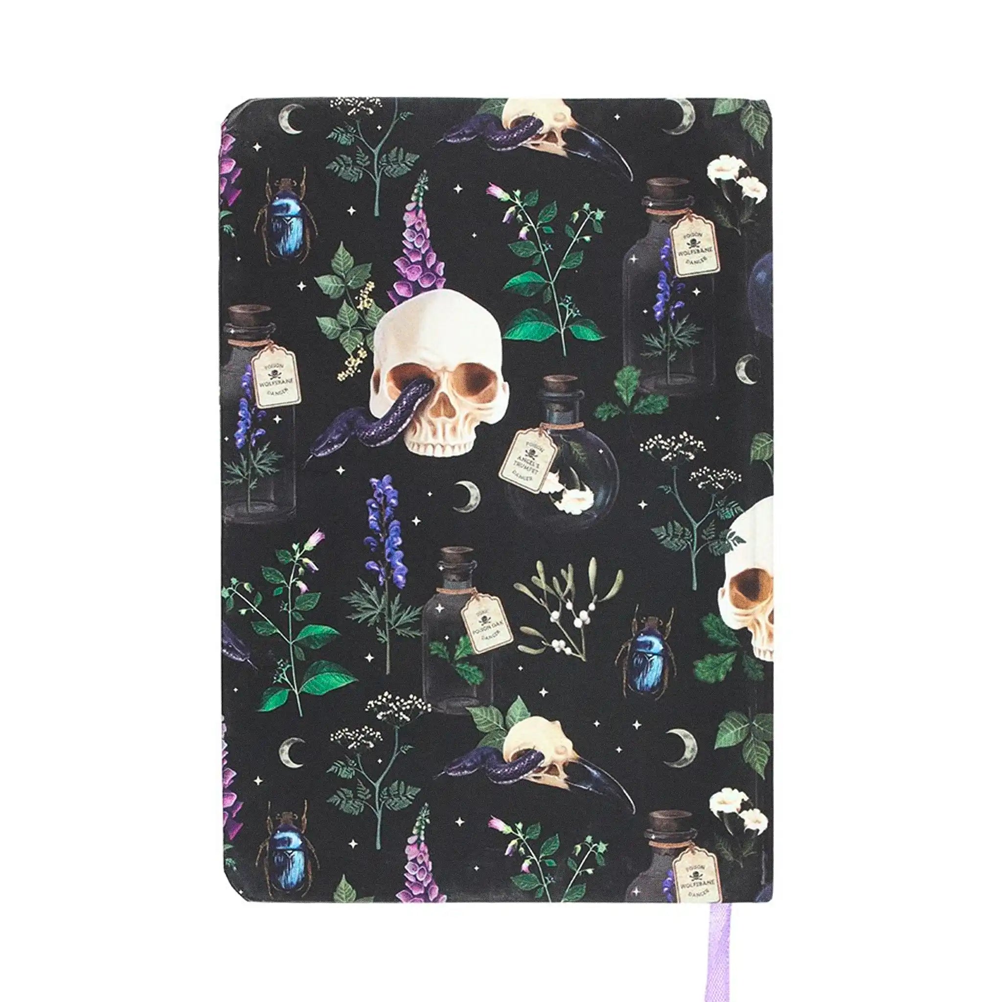 Contraportada libreta estilo witchy con calaveras, serpientes y pociones.