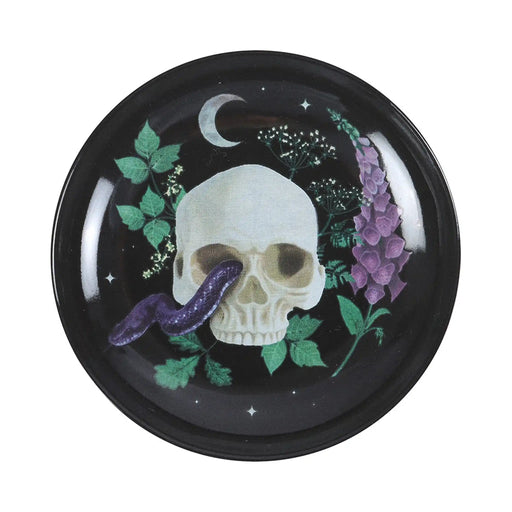 Plato para joyería con diseño de calavera, serpiente y plantas estilo gótico visto desde arriba con fondo blanco.