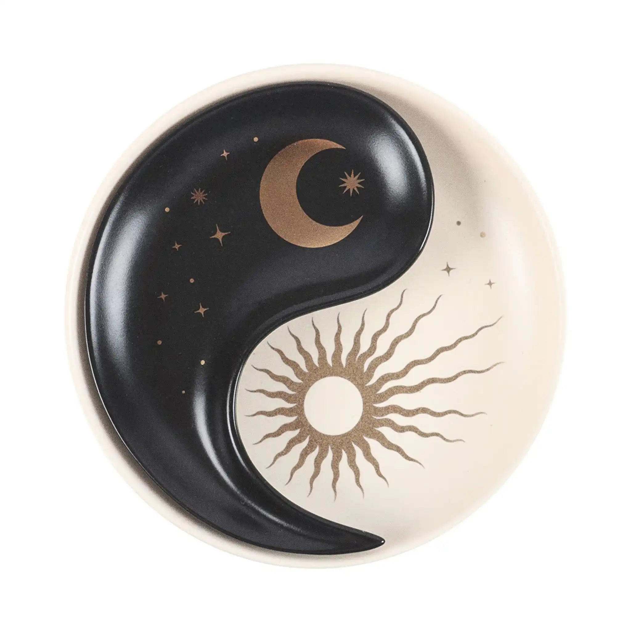 Plato para joyería yin yang con diseño apilable en dos piezas estilo whimsical visto desde arriba sobre fondo blanco.